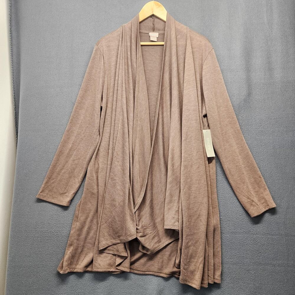 Chicos Cardigan Top Womens 3 US XL Tan Neutral Twist Neck Knit Flowy Capsule